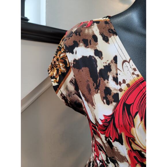 Cristinalove Dress Womens Large Brown Red Floral Print V Neck Short Sleeve - Picture 7 of 12